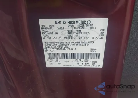 2010 Ford F-150 Fx2 Sport/Stx/Xl/Xlt из США, поврежденный, VIN 1FTEX1C80AKE31419